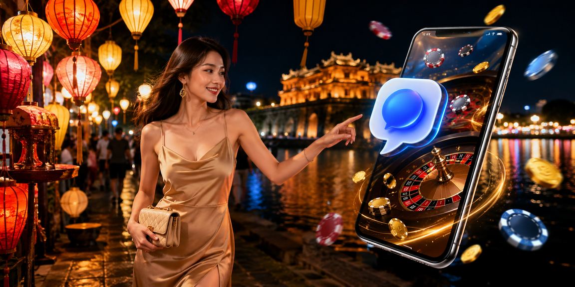 Người dùng đặt cược qua điện thoại tại chợ đêm Huế buổi tối