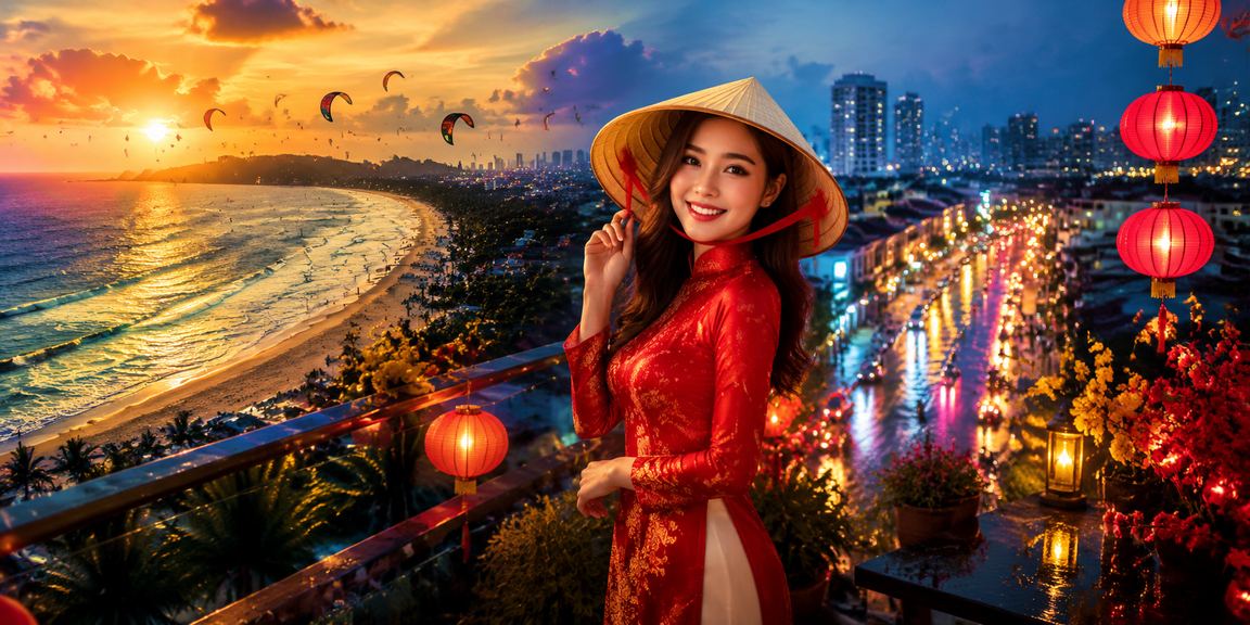 Người dùng xem tỷ lệ kèo bóng đá tại bãi biển Mũi Né với nón lá Việt Nam
